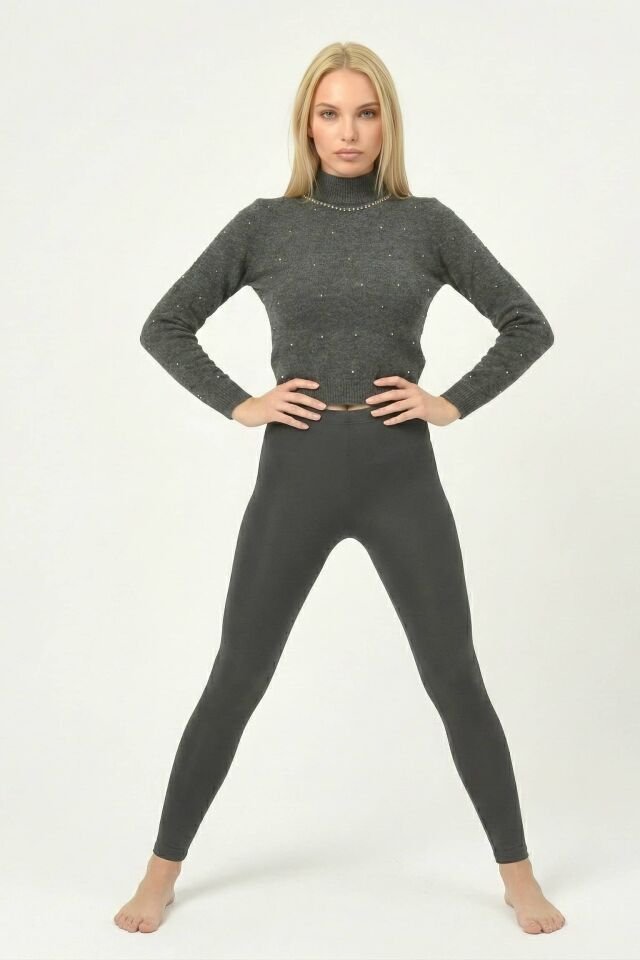 Quzu İnci İşleme Detaylı Triko  - Gri