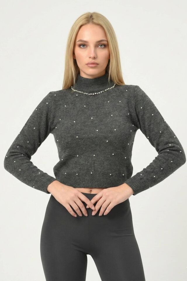 Quzu İnci İşleme Detaylı Triko  - Gri