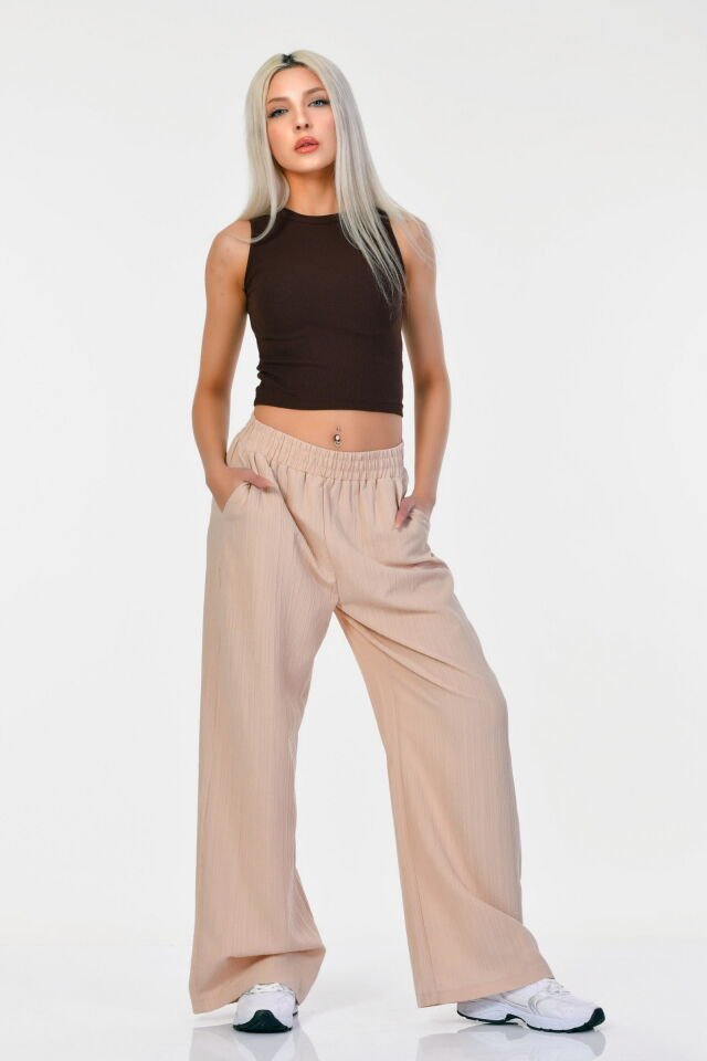 Quzu Beli Lastikli Keten Pantolon  - Bej