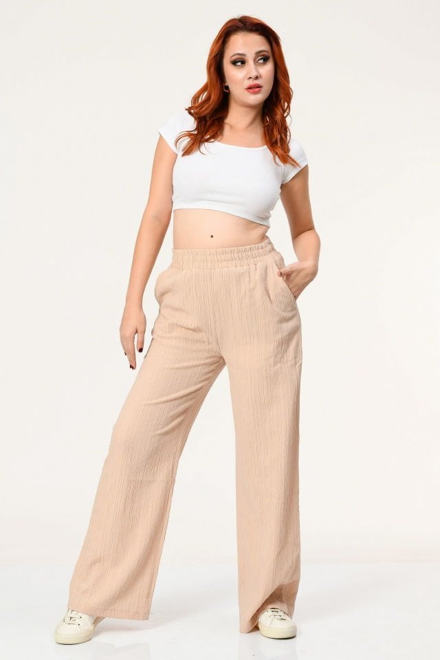 Quzu Beli Lastikli Keten Pantolon  - Bej
