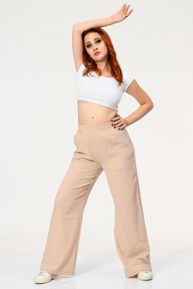 Quzu Beli Lastikli Keten Pantolon  - Bej