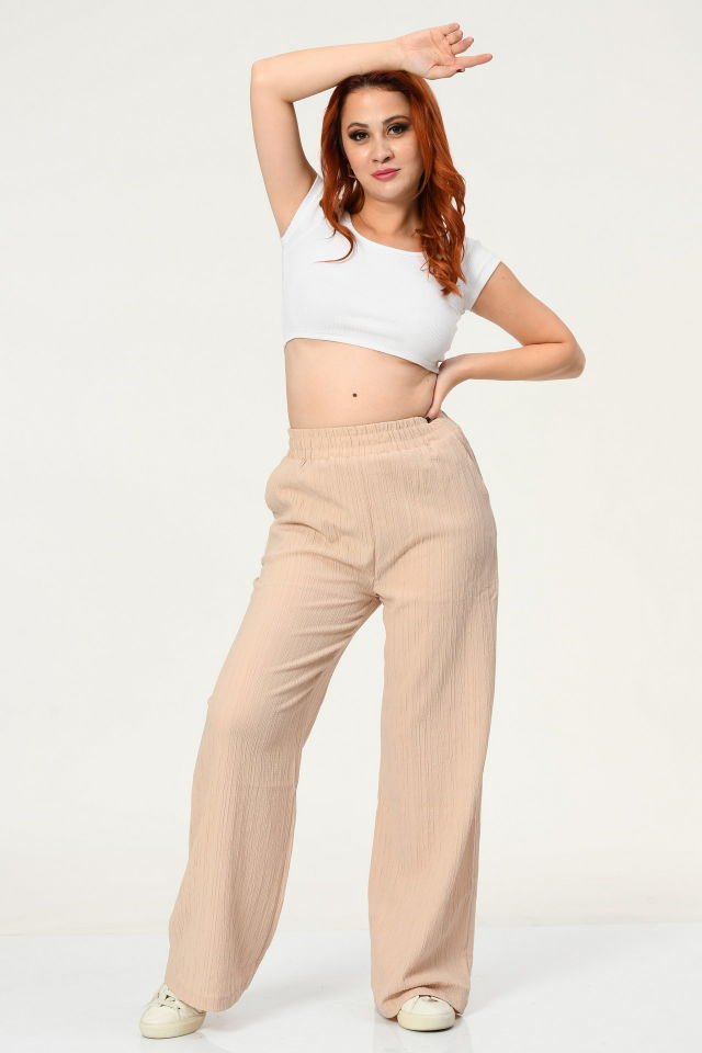 Quzu Beli Lastikli Keten Pantolon  - Bej
