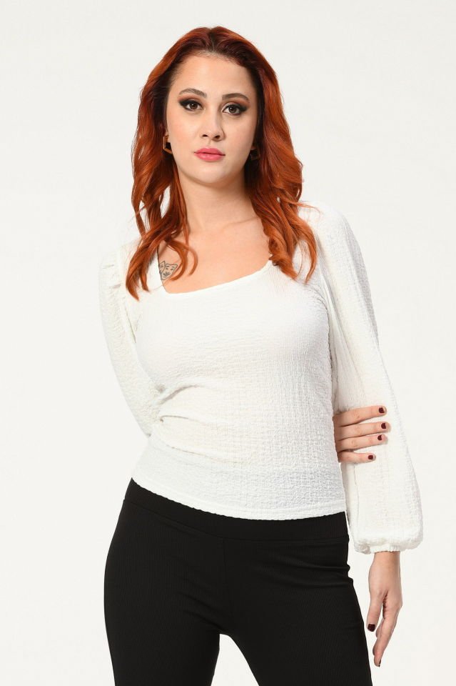 Big Dart Uzun Kollu Bluz  - Beyaz