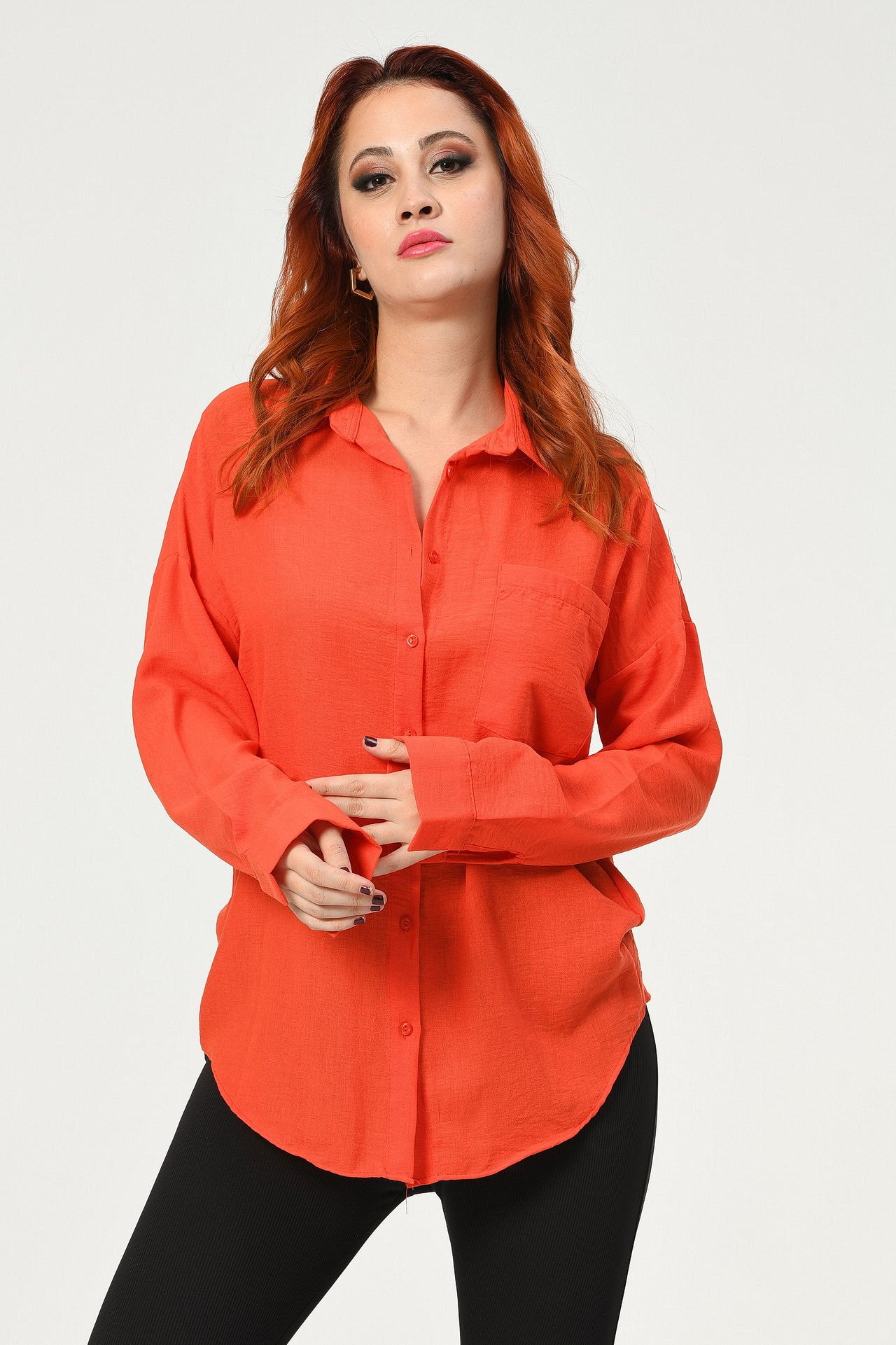 Big Dart Oversize Keten Gömlek  - Turuncu