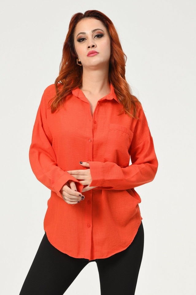 Big Dart Oversize Keten Gömlek  - Turuncu