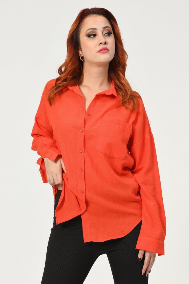 Big Dart Oversize Keten Gömlek  - Turuncu