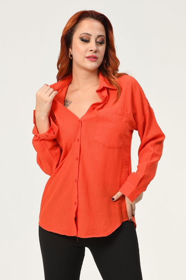 Big Dart Oversize Keten Gömlek  - Turuncu