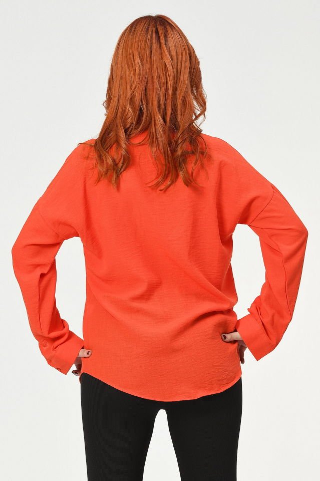 Big Dart Oversize Keten Gömlek  - Turuncu