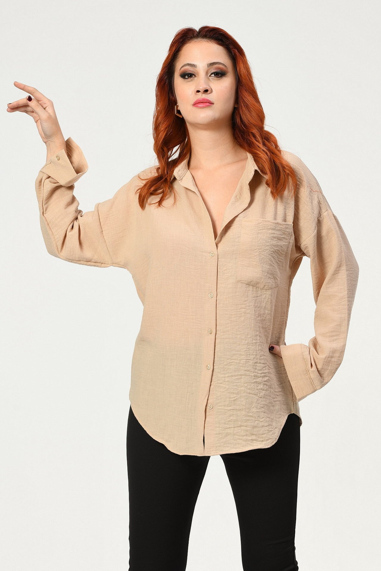 Big Dart Oversize Keten Gömlek  - Bej