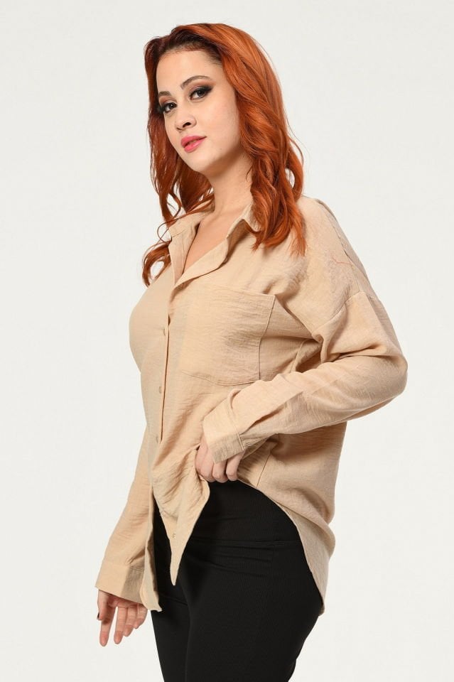 Big Dart Oversize Keten Gömlek  - Bej