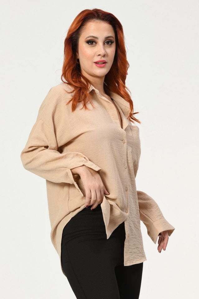 Big Dart Oversize Keten Gömlek  - Bej