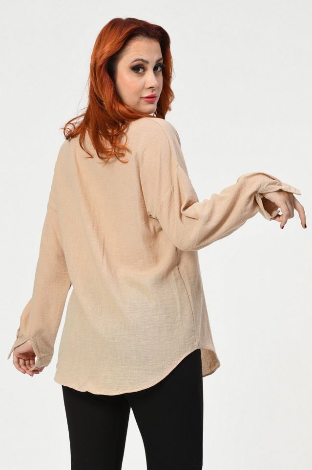Big Dart Oversize Keten Gömlek  - Bej