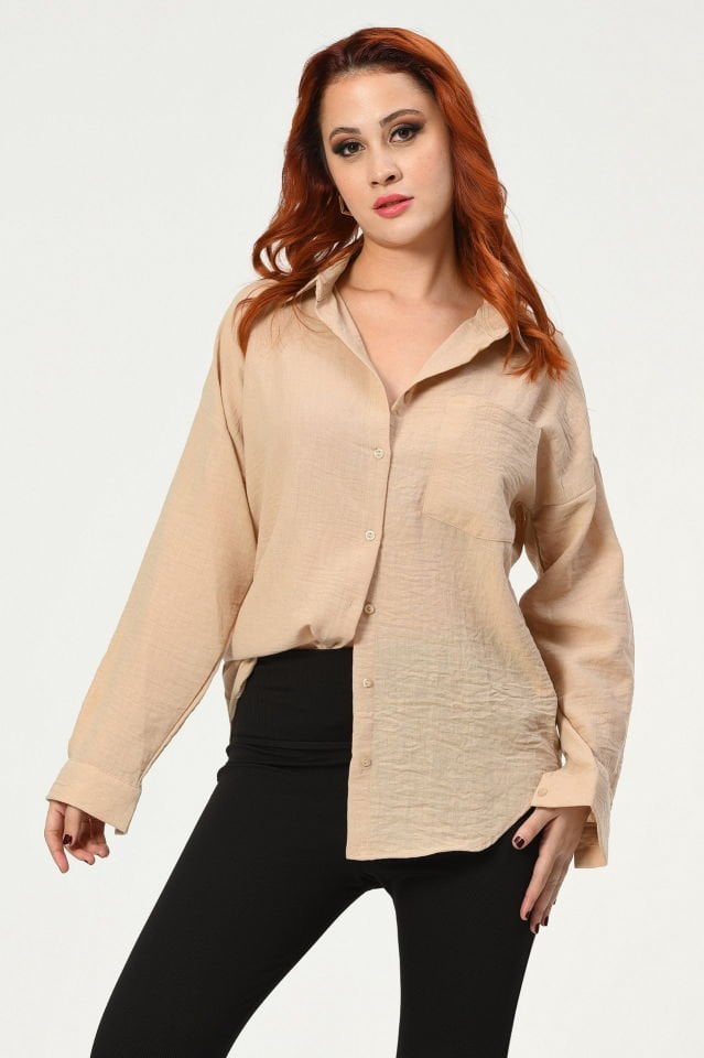Big Dart Oversize Keten Gömlek  - Bej