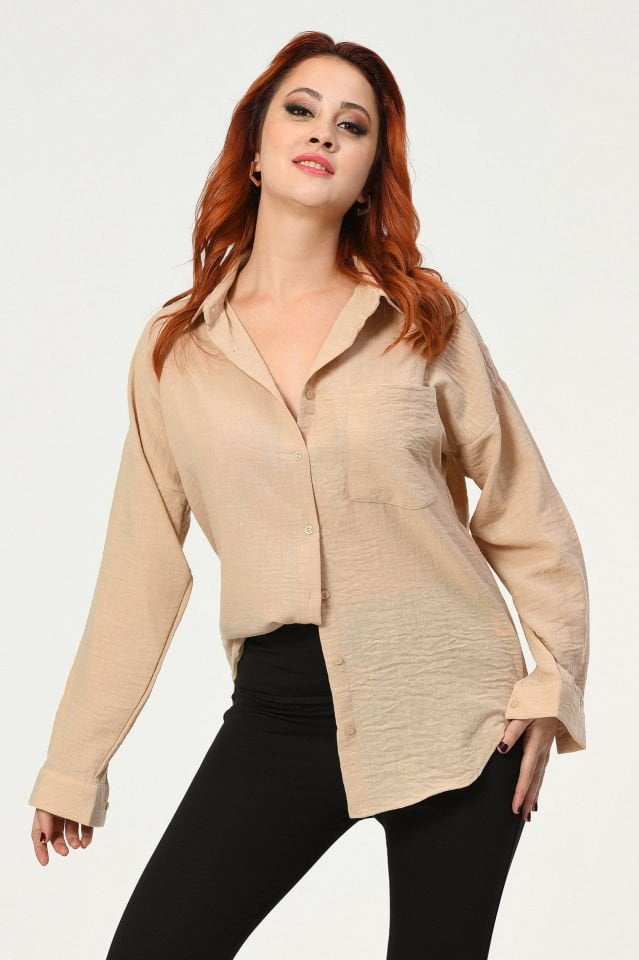 Big Dart Oversize Keten Gömlek  - Bej