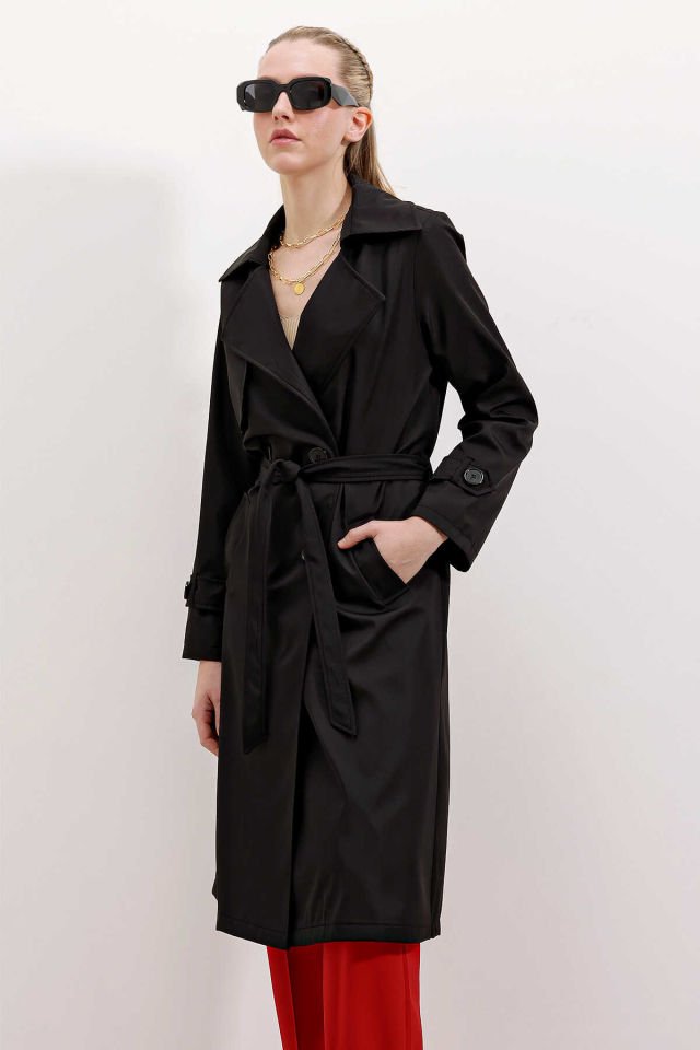 Big Dart Kruvaze Yaka Trençkot  - Siyah