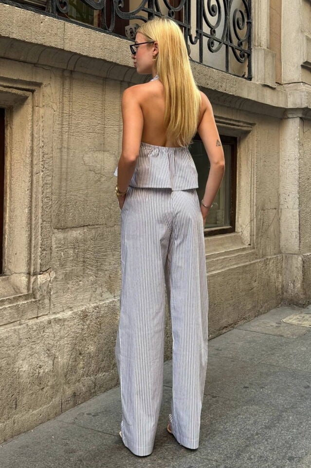 Zechka Çizgili Beli Bağlamalı Geniş Paça Pantolon  - Siyah/Beyaz