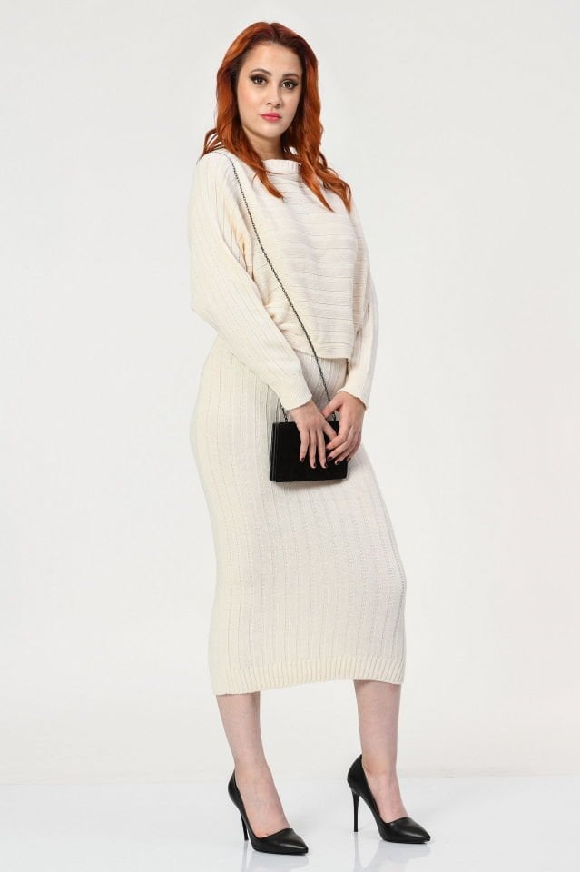 MD Trend Triko Elbise Kazak Takım  - Ekru