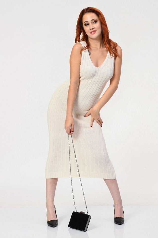 MD Trend Triko Elbise Kazak Takım  - Ekru