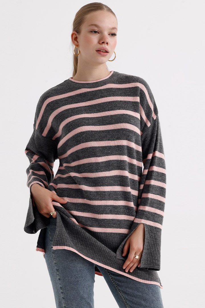 MD Trend Çizgili Kazak  - Gri