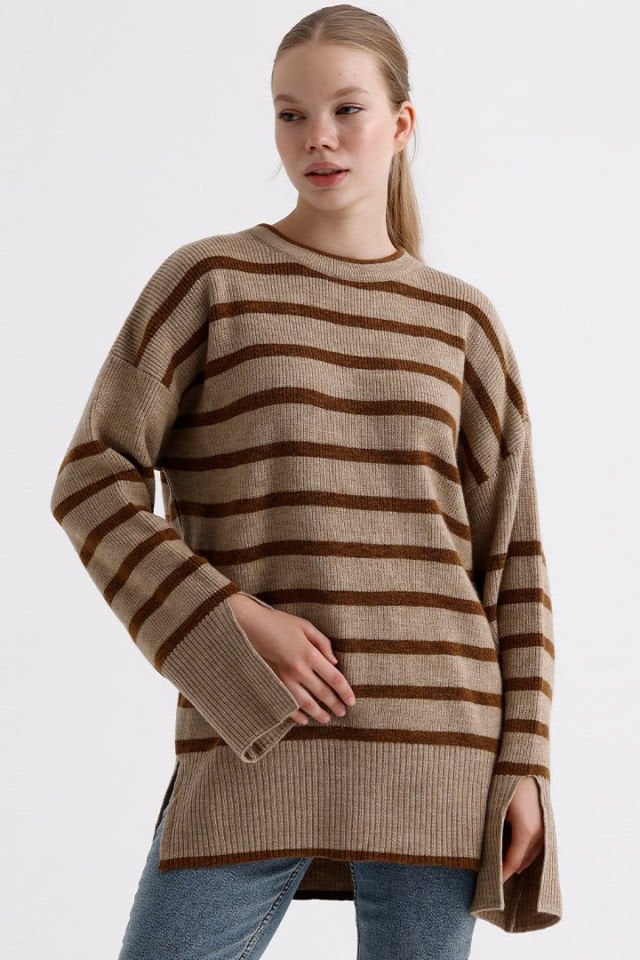 MD Trend Çizgili Kazak  - Kahverengi