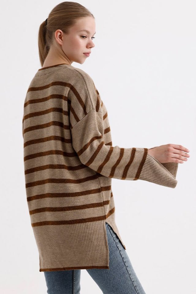 MD Trend Çizgili Kazak  - Kahverengi