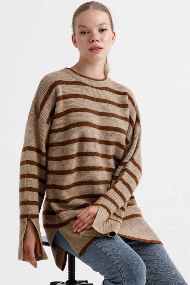 MD Trend Çizgili Kazak  - Kahverengi