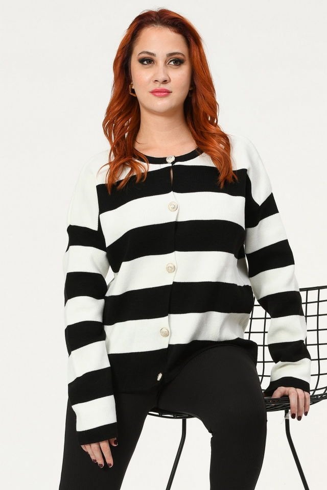 MD Trend Kalın Çizgili Hırka  - Siyah