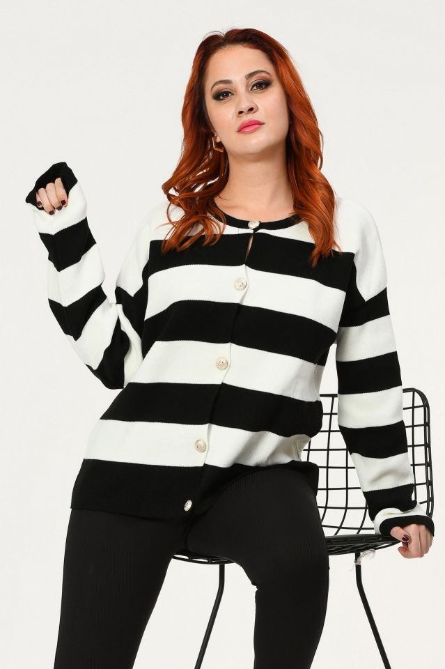 MD Trend Kalın Çizgili Hırka  - Siyah