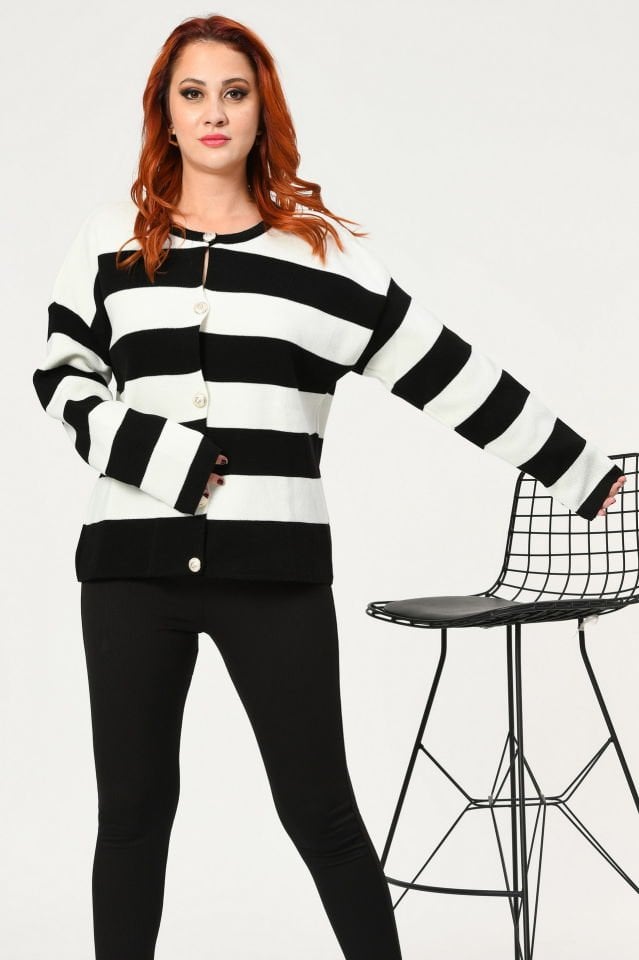 MD Trend Kalın Çizgili Hırka  - Siyah