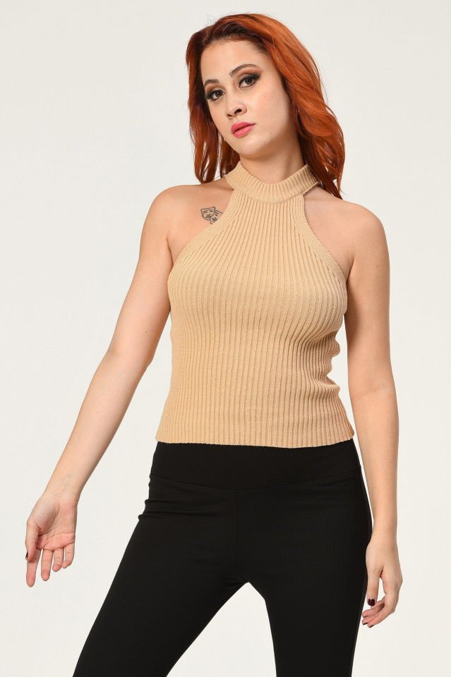 Miss Poem Kolsuz Dar Kesim Triko  - Bej