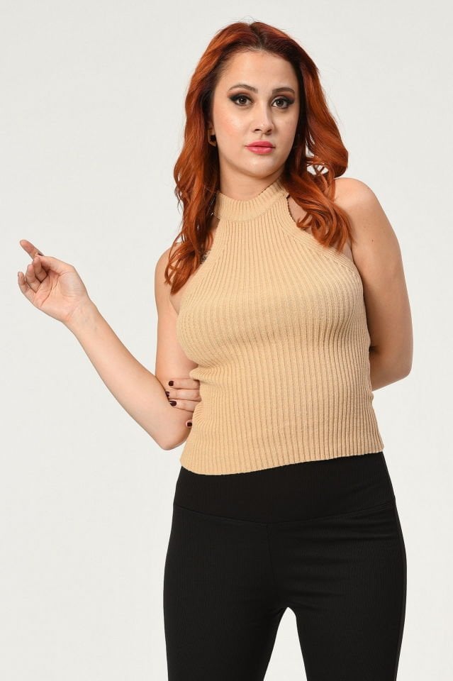 Miss Poem Kolsuz Dar Kesim Triko  - Bej