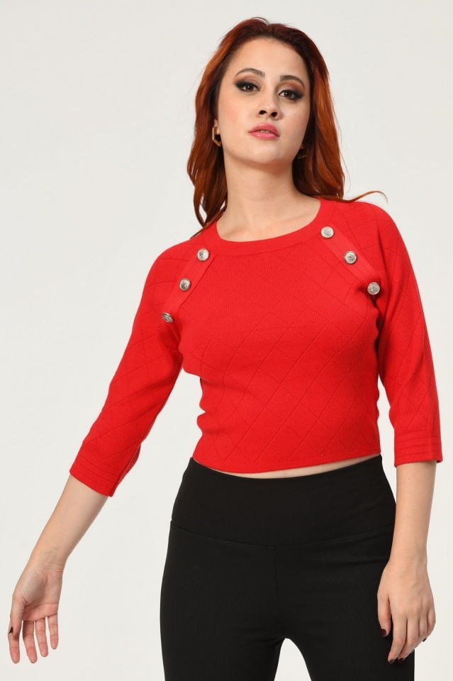 Miss Poem Gold Düğmeli Triko  - Kırmızı