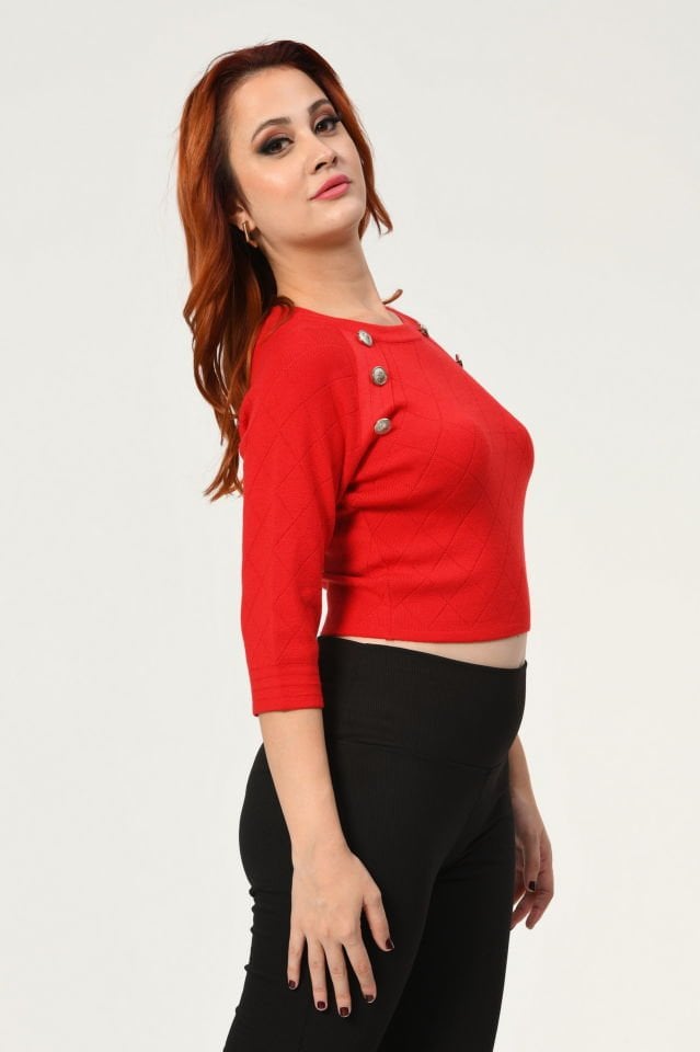 Miss Poem Gold Düğmeli Triko  - Kırmızı