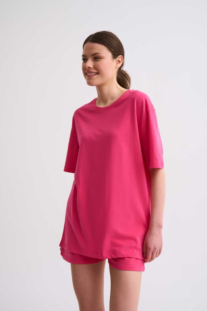 Organik Regular Fit Kısa Kollu Kadın Tişört - Pembe Pembe - XL