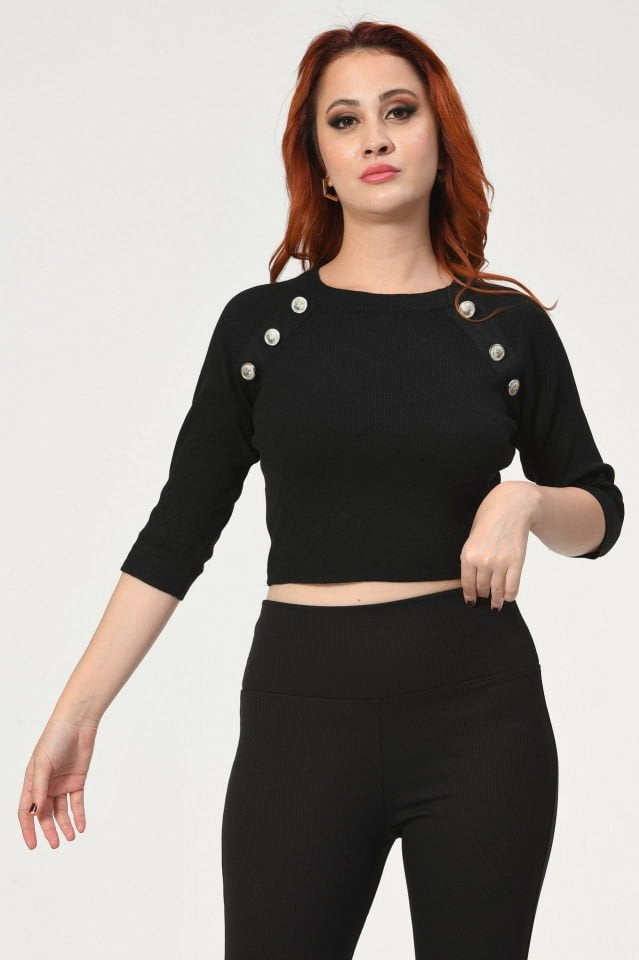 Miss Poem Gold Düğmeli Triko  - Siyah