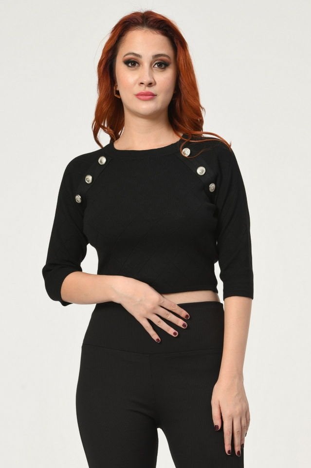 Miss Poem Gold Düğmeli Triko  - Siyah