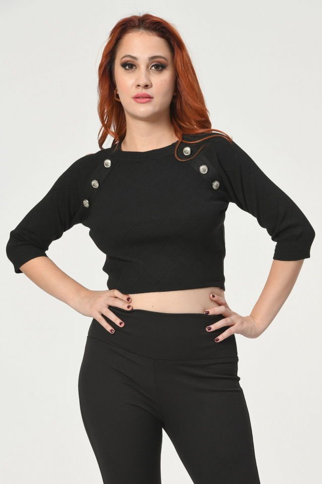 Miss Poem Gold Düğmeli Triko  - Siyah