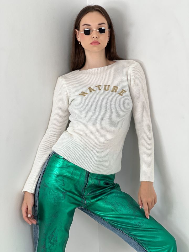 Miss Poem Önü El İşlemeli Kazak  - Ekru