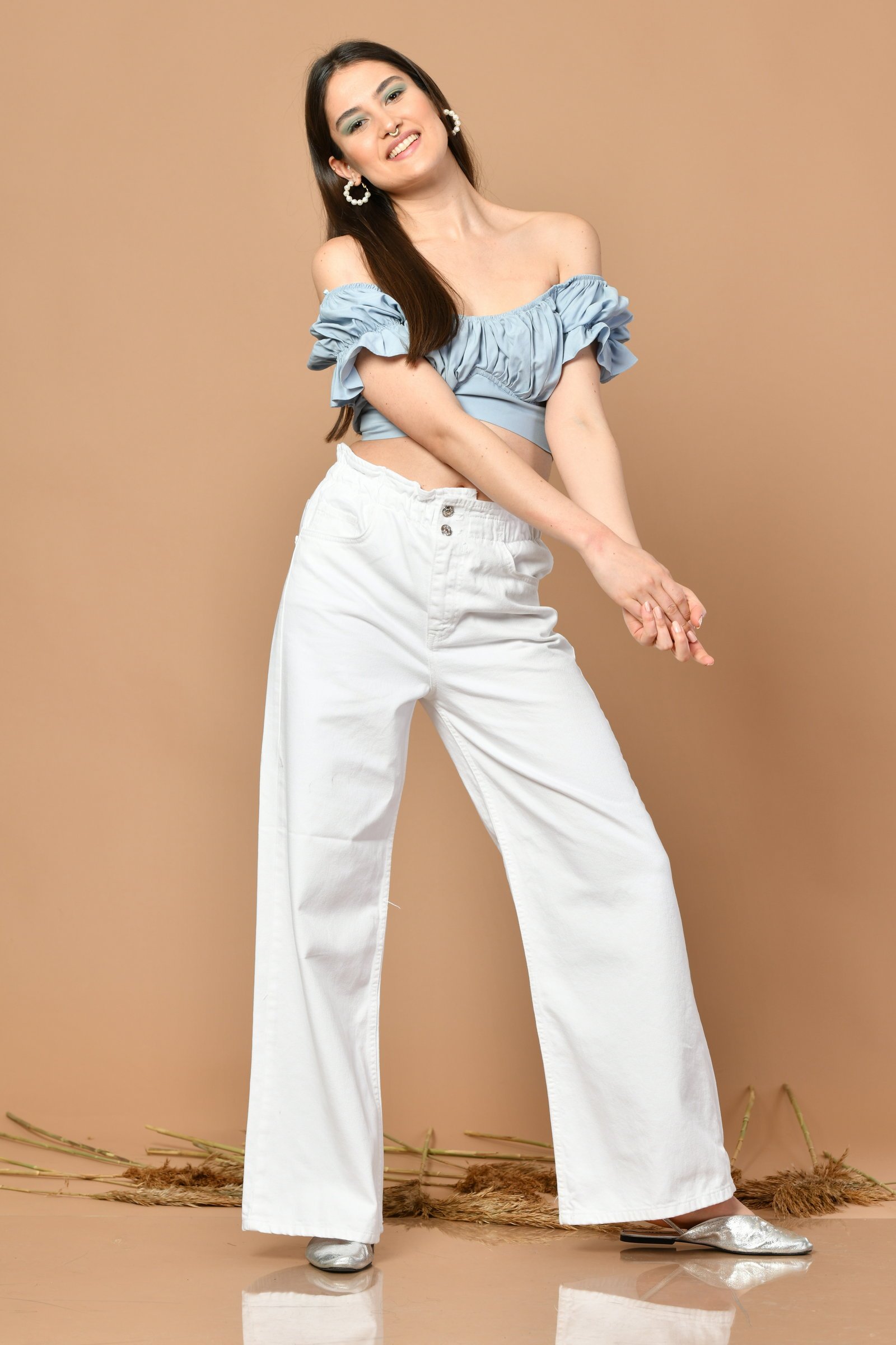 Balon Kol Büzgülü Kadın Bluz - Mavi