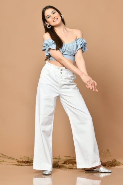 Balon Kol Büzgülü Kadın Bluz - Mavi