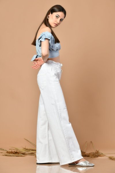 Balon Kol Büzgülü Kadın Bluz - Mavi