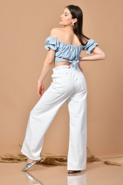 Balon Kol Büzgülü Kadın Bluz - Mavi