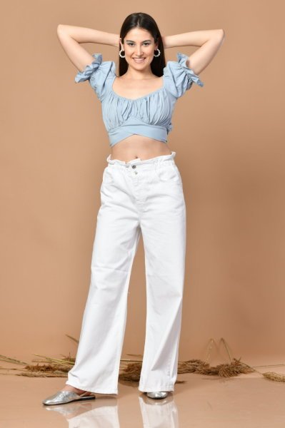 Balon Kol Büzgülü Kadın Bluz - Mavi