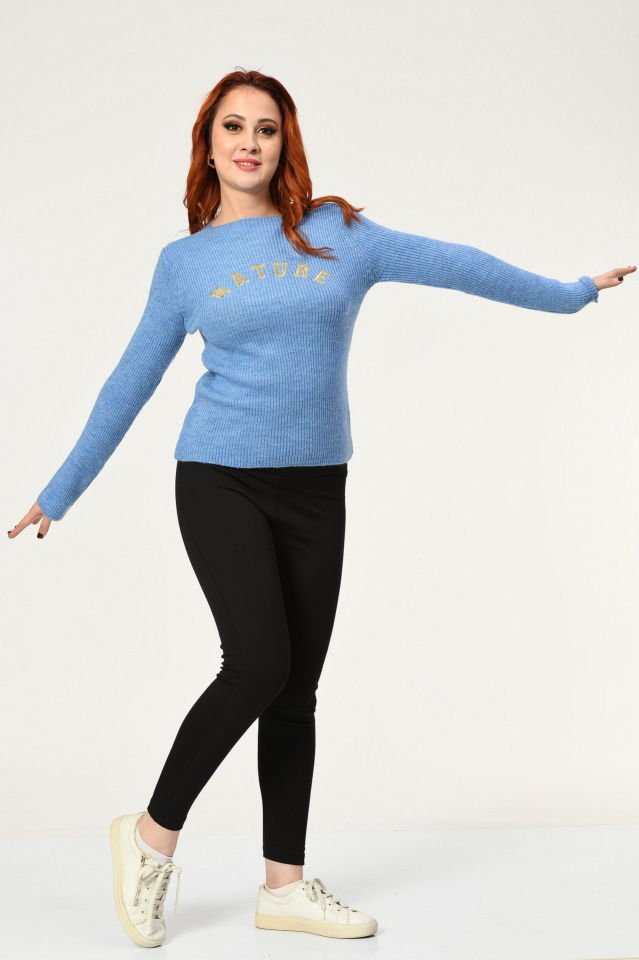 Miss Poem Önü El İşlemeli Kazak  - Mavi