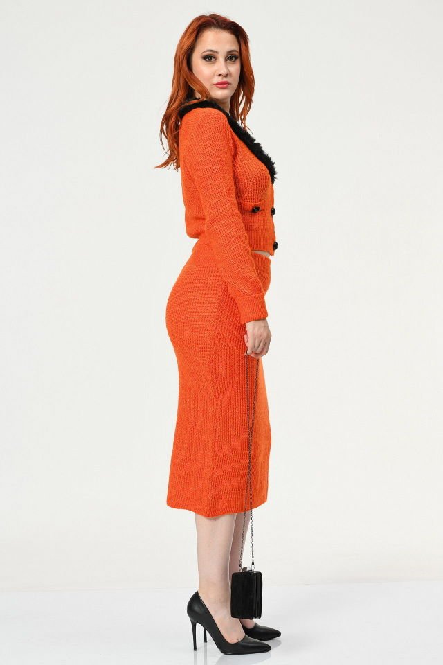 Miss Poem Siyah Düğmeli Triko Takım  - Turuncu