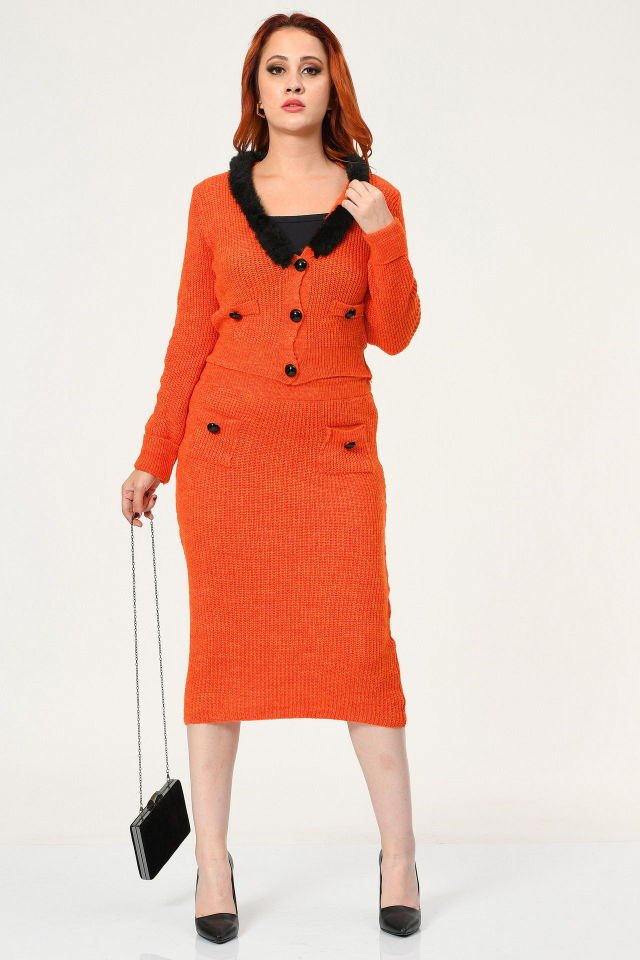 Miss Poem Siyah Düğmeli Triko Takım  - Turuncu