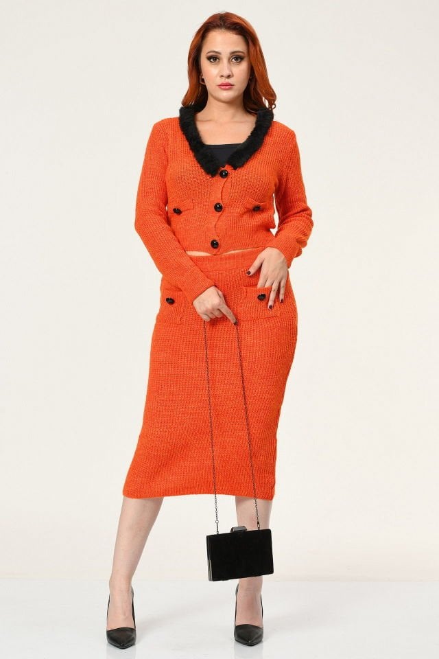 Miss Poem Siyah Düğmeli Triko Takım  - Turuncu