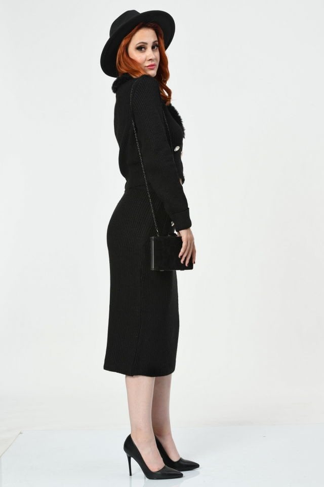 Miss Poem Gold Düğmeli Triko Takım  - Siyah