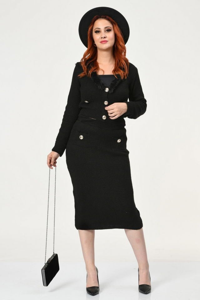 Miss Poem Gold Düğmeli Triko Takım  - Siyah