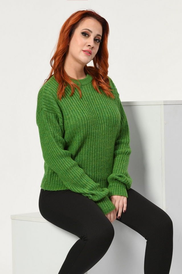 Miss Poem Uzun Kollu Triko Kazak  - Yeşil